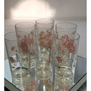 Vintage Drinking Glasses Tumblers Red Rose - LOT OF 6